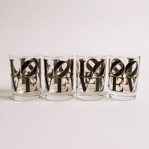 CERA MCM Glass Old Fashioned Rocks Glasses Cocktail Black & Gold 'LOVE' Set of 4 - Picture 1 of 16